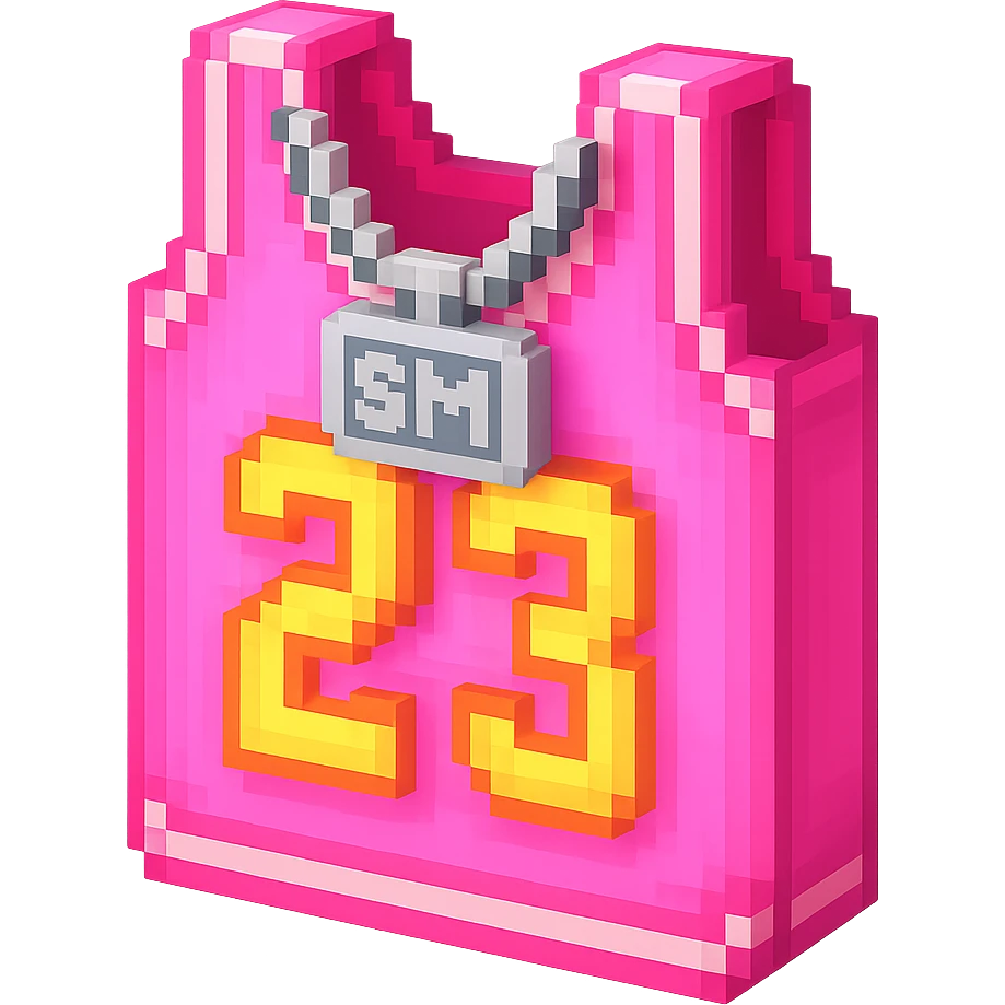 светящейся розовая баскетбольная майка с надписью "23" и серебряная цепь с надписью "SM", no background emoji