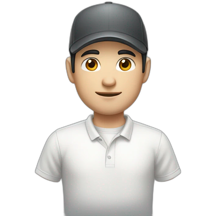 Pale skinned Man with black hair in a white cap and dark gray polo T-shirt with a box into his hands emoji
