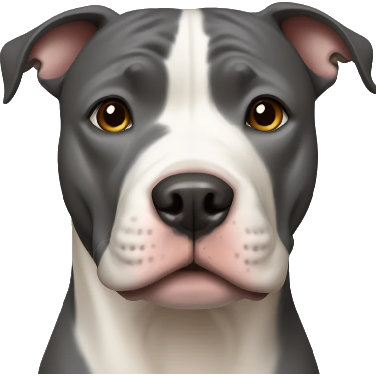 dark gray pitbull with a white vertical spot in the middle of the neck, with beige eyes emoji