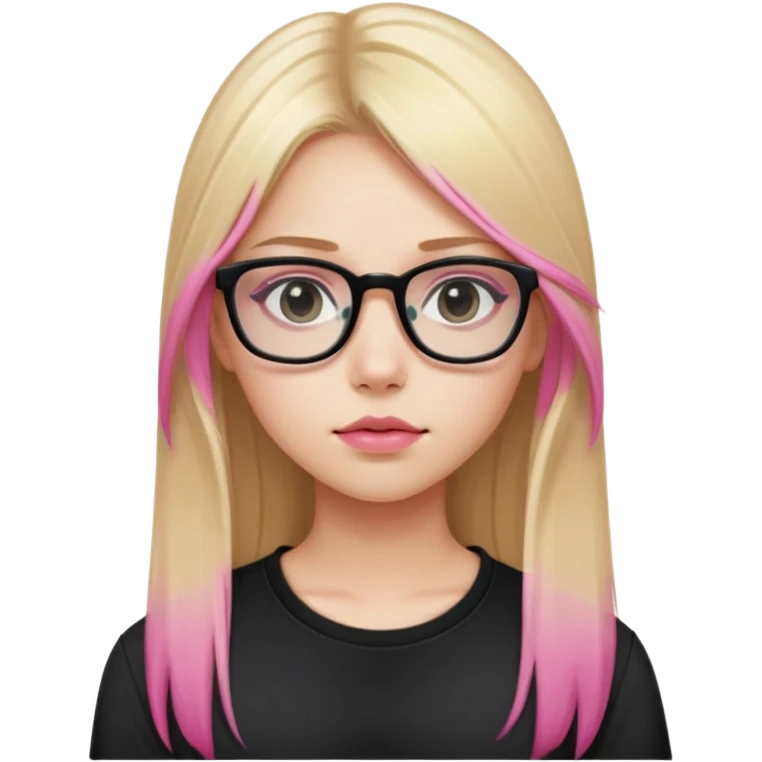 Teenage girl taking a selfie in a school bathroom. Long straight blonde hair with pink dye, rectangular glasses, black shirt, neutral expression with slightly glossy lips emoji