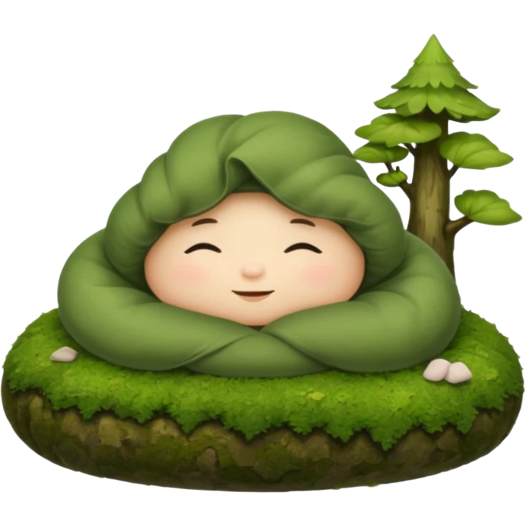 cozy forest character curled up on moss pillow with nightcap emoji