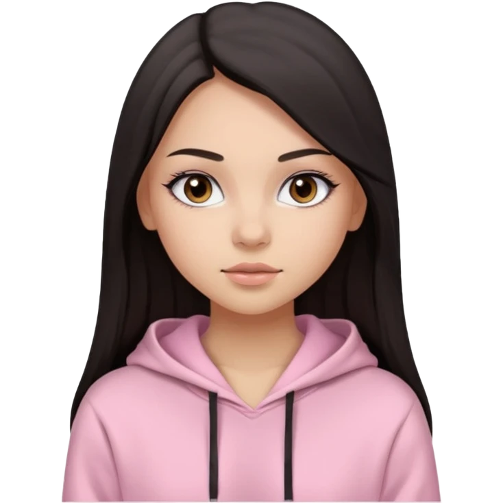 A pretty girl with light skin and long straight black brown hair, wearing a very light pink basic hoodie with brown eyes and makeup and a round face emoji