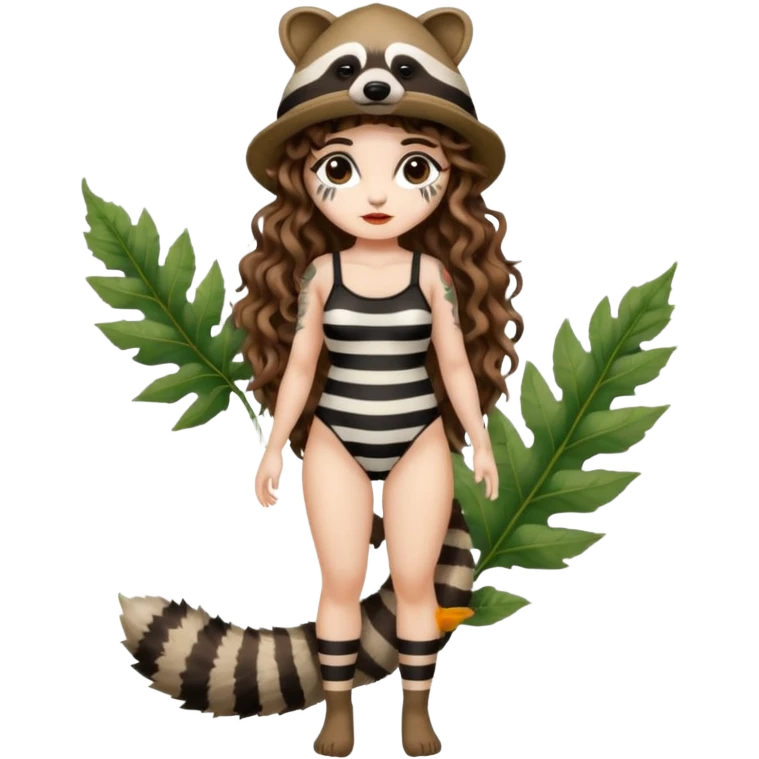 full body woman long curly brown hair brown eyes white skin tattoos wearing raccoon hat and striped leaf bodysuit emoji