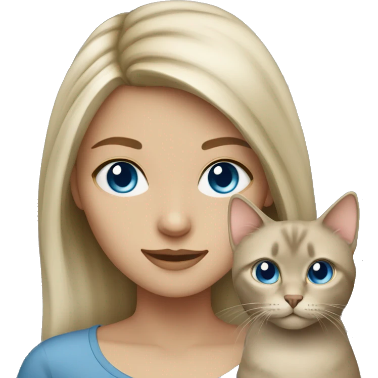Dark blonde blue eyes girl with a grey-beige cat emoji