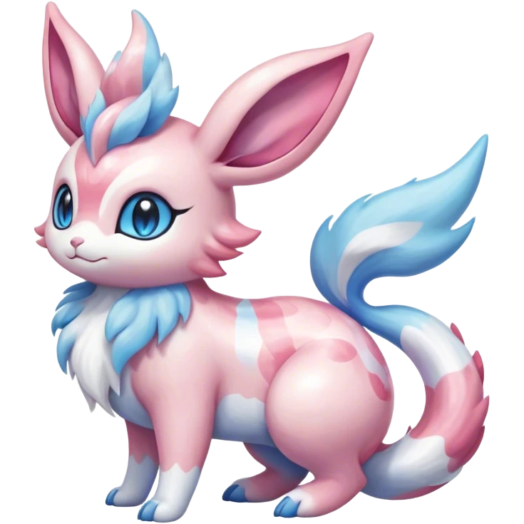 Feral Rare Fantasy cute realistic adorable pastel pink light-blue white iridescent Sylveon-Milotic-Minccino-Espurr-Vernid-hybrid by LiLaiRa, markings, full body emoji