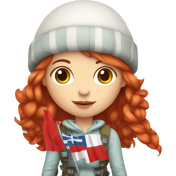 female winter mountaineer red hair holding red easter egg and greek flag  emoji