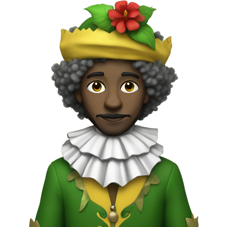 White Person with a half black and yellow jester hat with a red flower ball wearing a half black and yellow jester outfit with a white and grey collar with green eyes and brown fluffy hair emoji