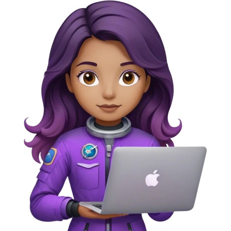 girl astronaut with purple suit, long ombre black/brown wavy hair and one macbook emoji