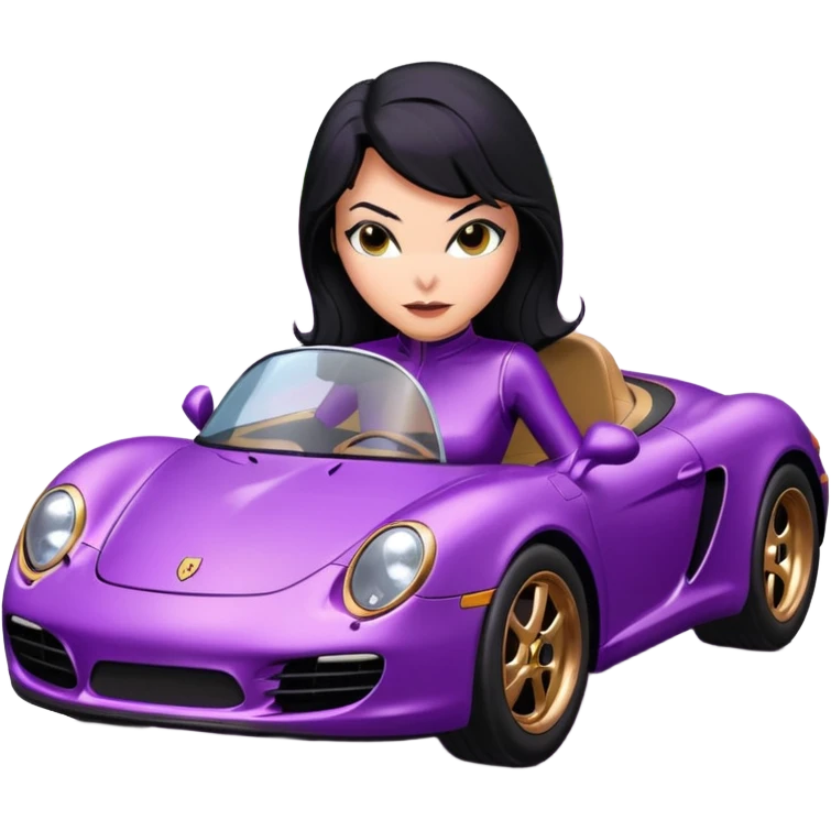 BatGirl driving her satin-black and rose gold 56 Porsche spider too fast in the country despite the rainy conditions making the tires slippery sliding sideways and her black hair flutter (purple shiny latex catsuit  emoji