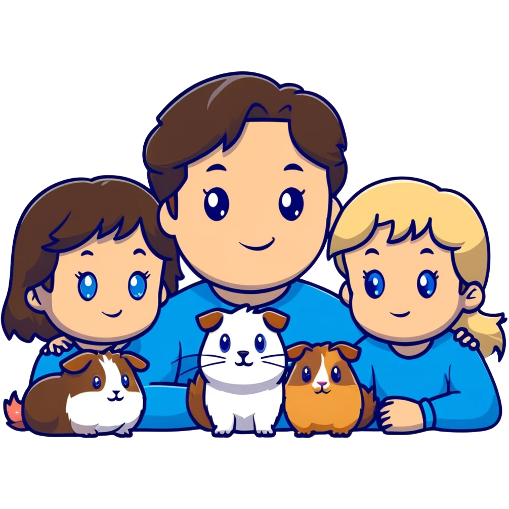 Family portrait with father with dark brown hair and blue eyes, mother with light brown hair and blue eyes, three blonde little girls with blue eyes, plus a grey cat and two guinea pigs emoji