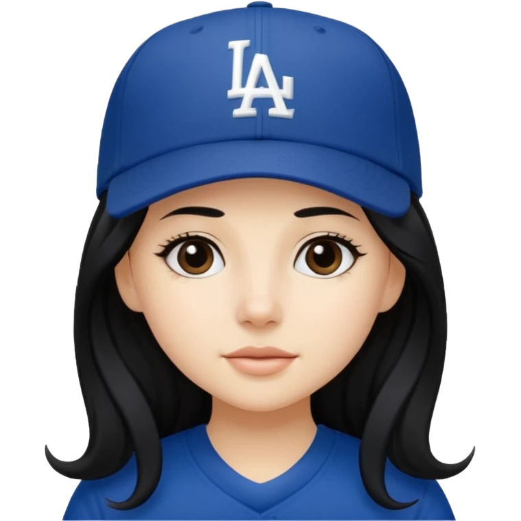 Can you make an emoji of a girl with fair skin with black long hair wearing an LA dodger hat. Only include her head not body  emoji