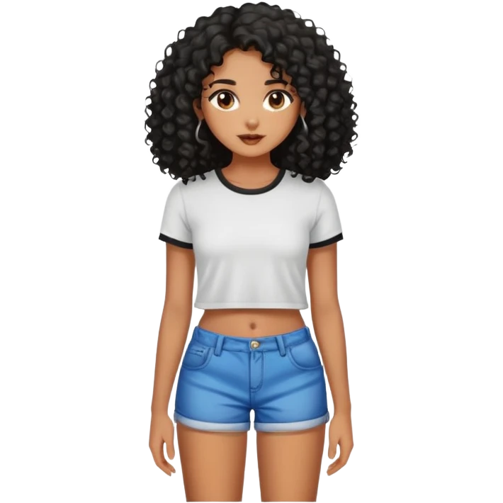 Garota emoji morena, cabelos longos cacheados pretos, short curto e top emoji