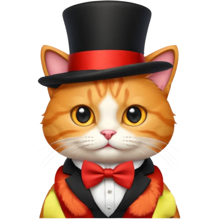 Cute emoji-style orange tabby cat wearing a black top hat with a red band and a red bow tie, big round eyes, fluffy fur, clean mascot style, centered, transparent background, 1:1 ratio. emoji