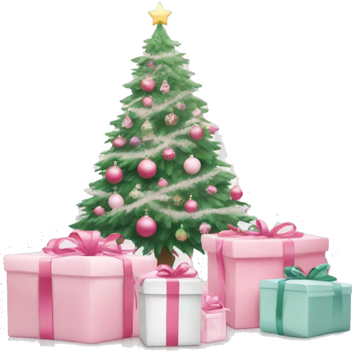 Light pink Christmas gifts under a white Christmas tree  emoji