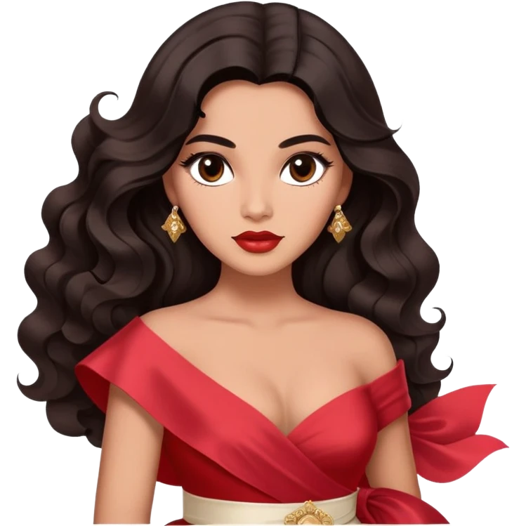 A woman with canela-toned skin, dark voluminous hair in waves, expressive eyes with soft lashes and shimmer, full lips with a glossy nude-pink color, wearing a red dress and a white sash with “Miss San Juan” in black letters, exuding elegance and confidence emoji