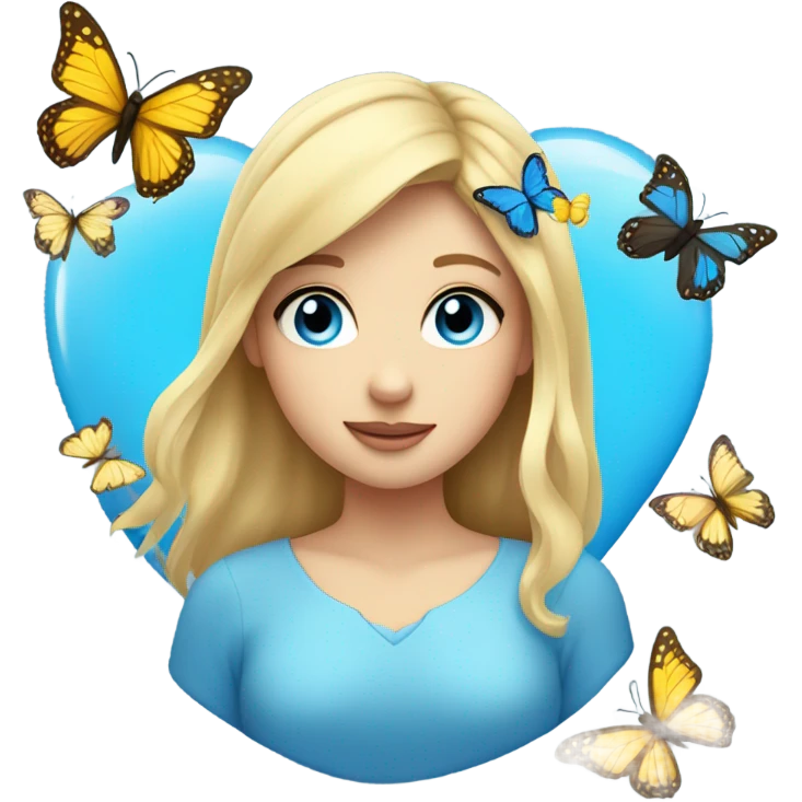 Face with blonde hair blue eyes butterflies and holding a blue heart emoji
