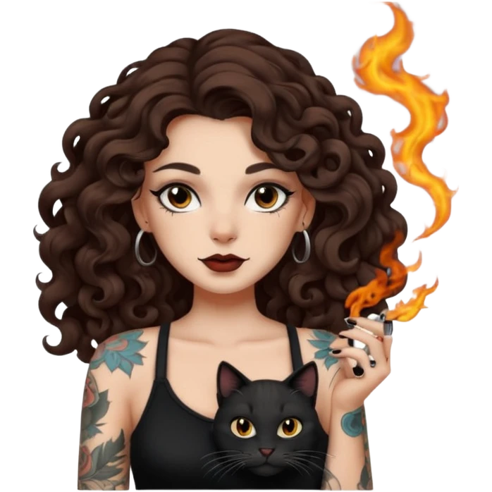 woman with long curly brown hair, brown eyes, white skin, tattoos, black cat turning into smoke and back emoji