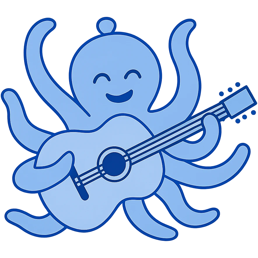 happy octopus with multiple arms playing guitar emoji