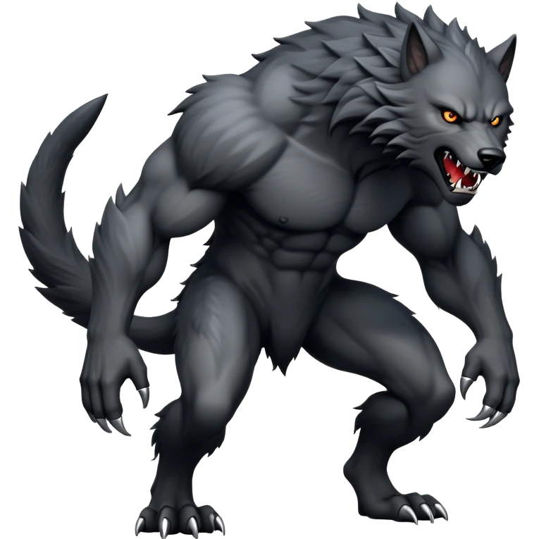 cinematic-noble-fierce-werewolf-full body on all fours-emoji, poised-and-imposing, with a tall, lean, and muscular wolfish frame inspired by the brutal, imposing shape of the beast from Berserk, fur rippling in shades of midnight black and silver, massive paws with razor-sharp claws, elongated limbs and fangs, eyes glowing with an intense, primal ferocity, reflecting the untamed power of the wild moonlit night; rendered with realism like a wolf emoji