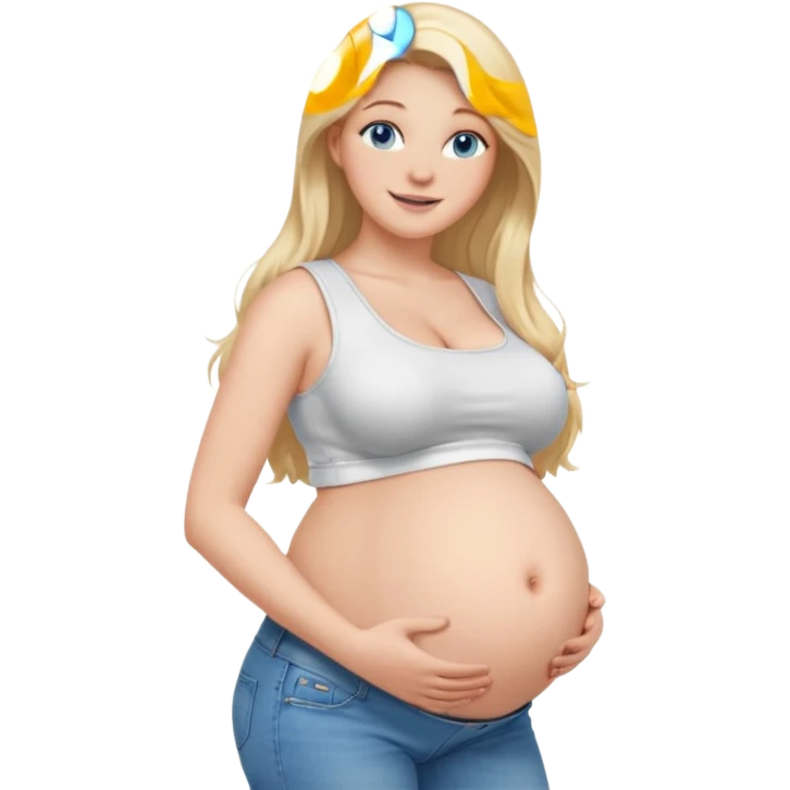 White girl, 18, long blonde hair, blue eyes, white crop top, jeans, huge pregnant belly, big boobs, side view, skinny, bare midriff, smiling emoji