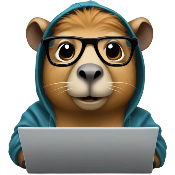Nerdy cute capybara with its distinct large dark snout, big eyes, with glasses wearing a hoodie and coding on a laptop  emoji