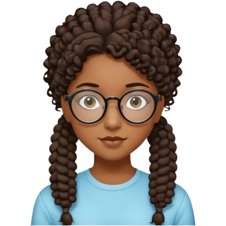 chica morena de ojos claros con gafas negras exagonales redondeadas. y pelo rizado castaño con todo el pelo recogido en una coleta .. Con todo el pelo recogido un clen look solamente una coleta tiene 16 años emoji