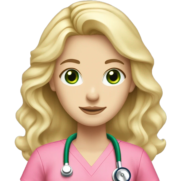 pale blonde girl with long wavy hair and green eyes wearing pink scrubs and stethoscope  emoji