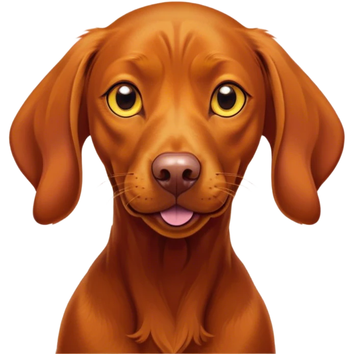 Cinematic Comical Vizsla Portrait Emoji, Head tilted dramatically with an exaggeratedly amused expression, featuring a striking rust and gold Fur with bold accents, wide, expressive amber eyes filled with playful disbelief, Simplified yet hilariously expressive features, highly detailed, glowing with a slightly sassy glow, high shine, dramatic yet playful, stylized with an air of cheeky mischief, bright and endearing, soft glowing outline, capturing the essence of a spirited and over-the-top companion, so meme-worthy it feels like it could side-eye its way into internet fame instantly! emoji