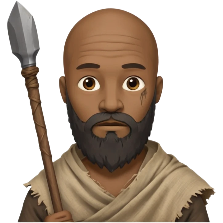black ancient man, tattered cloth with raw stick weapon, beard and bold emoji