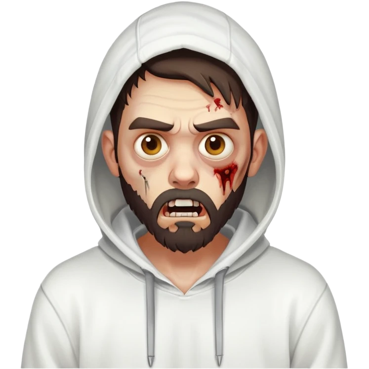 zombie with shocked expression, undercut hairstyle with dark brown hair, short full beard, wearing plain white hoodie emoji