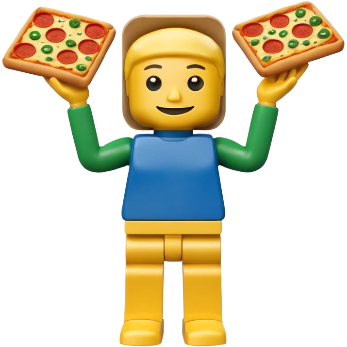 Minifigure: yellow square head  blue square troso rectangular yellow arms and green legs with a pizza on the head emoji