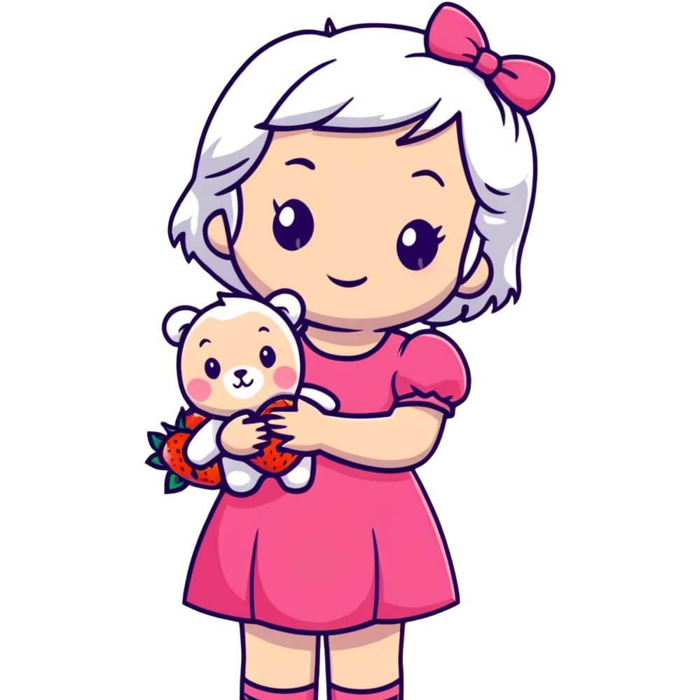 girl with white hair holding a strawberry wearing a pink dress holding a teddy bear emoji