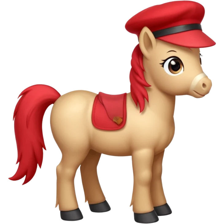 Adorable cartoon pony (small horse) emoji, full body, standing in profile view facing sideways. It has big, sparkling eyes and a friendly smile. It is wearing a cute red beret tilted to one side.  emoji