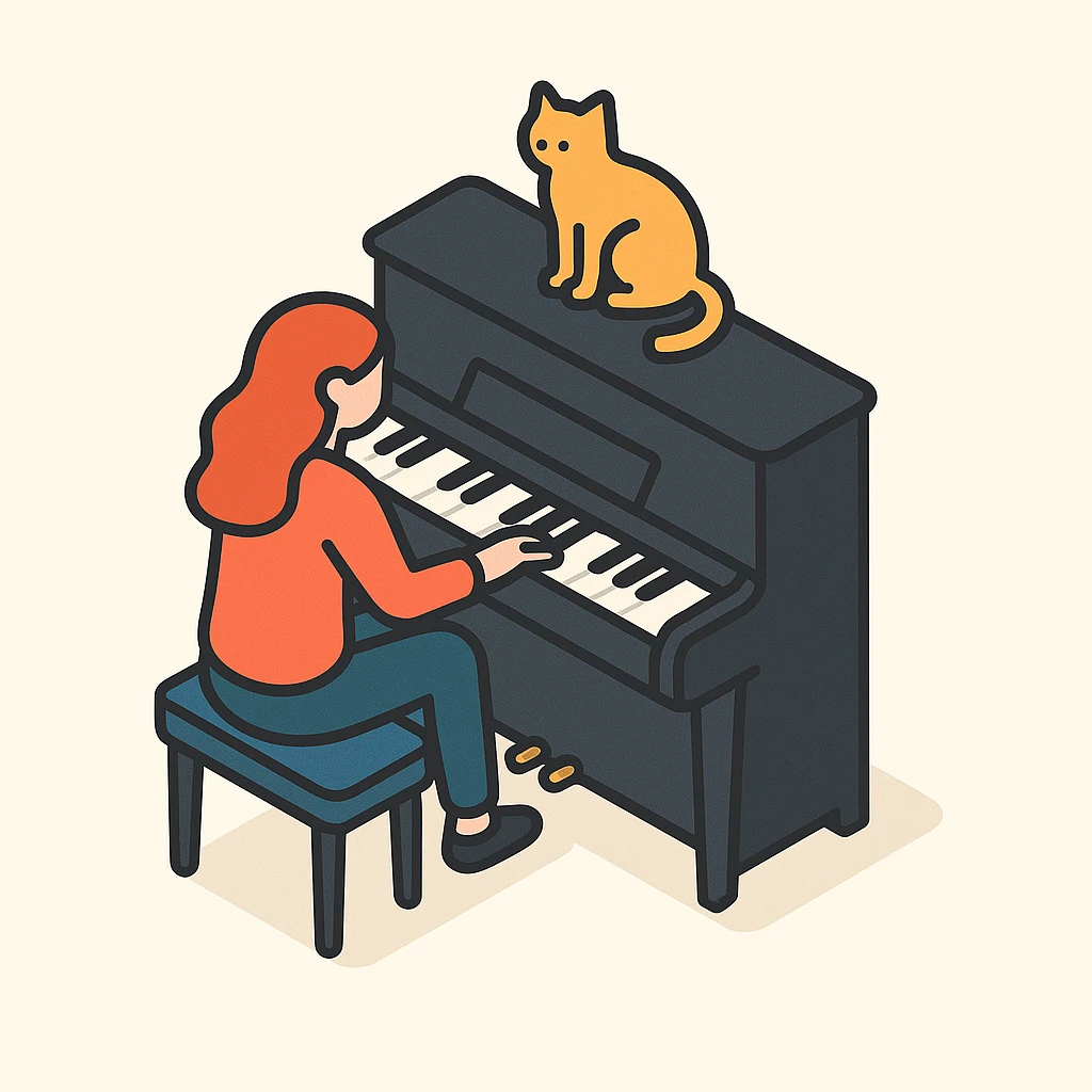 woman playing piano while her cat sits on top of the piano emoji