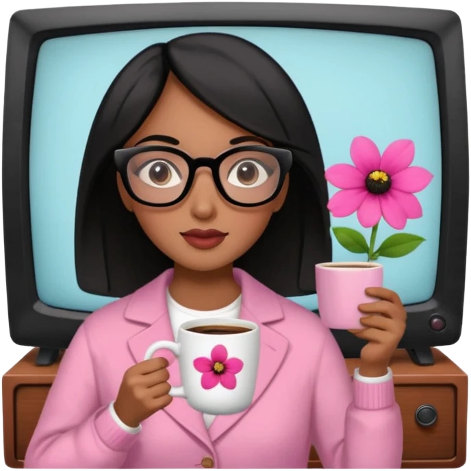 Chica de pelo negro ojos negros y piel morena con lentes oversize square GAFAS DE LEER BIEN GRANDES , en la mano derecha una taza de cafe en color rosa con una flor negra de diseno. Sentada mirando un drama koreano en la television.  emoji