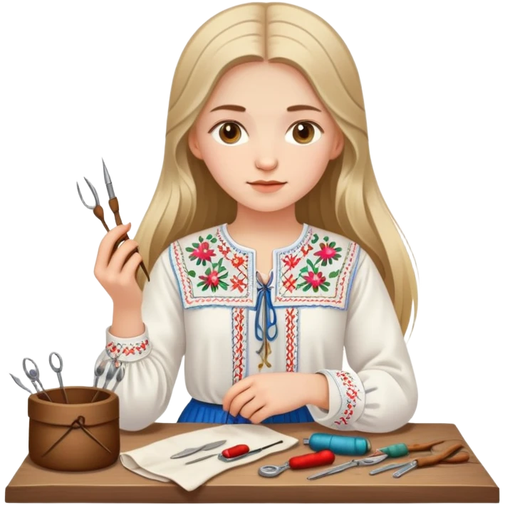 Ukrainian young girl with long hair wearing a white embroidered traditional shirt (vyshyvanka) holding sewing tools like a needle and thread emoji