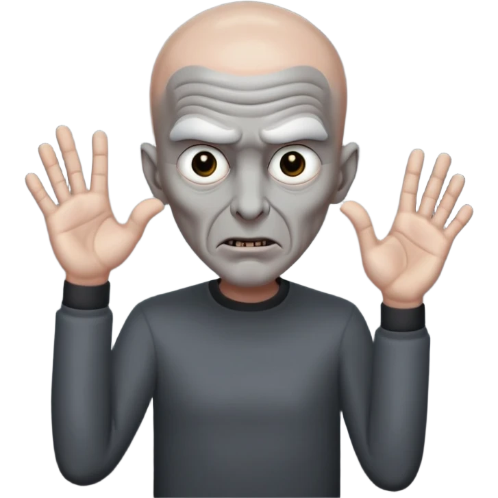Rick Astley with bald grey head possessed by a demon because there is fingers in front of his face and he has no pupils and his head and body and clothes are gray and the background is pitch black emoji