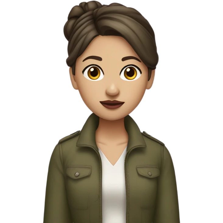 Girl with a brown hair and brown eyes. Her hair is in a bun at the back of her head. She has curtain bangs, but they’re not cover her forehead. Her lips a quite plum. Eyes are considered “tired eyes look”. She’s wearing an olive green jacket. emoji