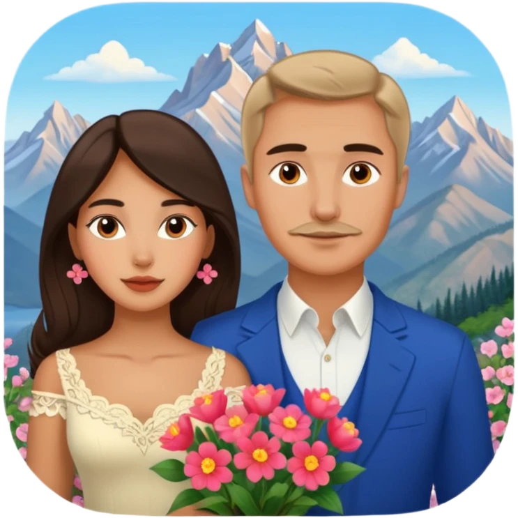 Couple traveling in Montenegro russian man and elegant  Latina girl delicate flowers and mountains in the background  emoji