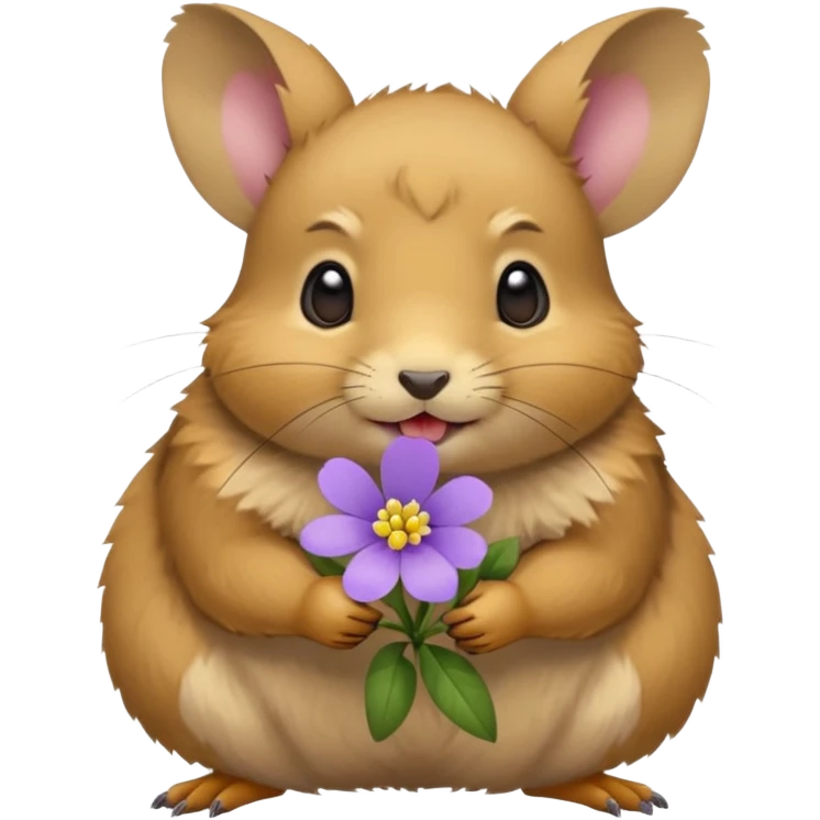 small round pika carrying little light purple flower in mouth emoji
