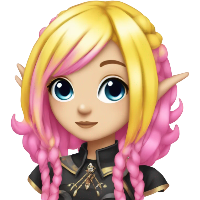 Blue eyed long eye lashes pout blonde and pink hair pale hime gyaru girl, hot pink and yellow split-dyed hair, nose ring, elf ears, dark makeup, punk clothes emoji