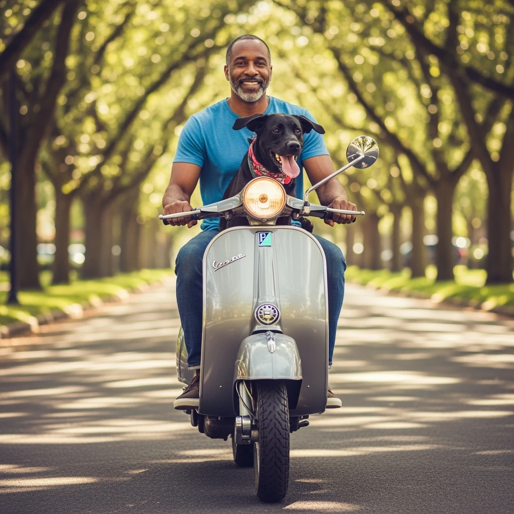 man and his pet dog riding a vespa emoji
