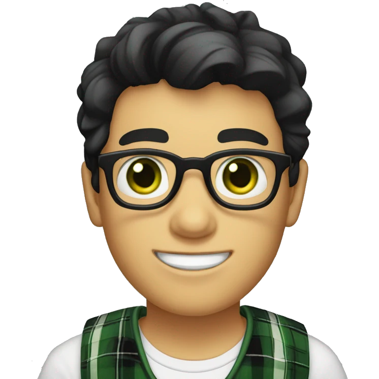 Draw a boy wearing glasses, a white T-shirt with a black plaid shirt over it, smiling, white skin, green eyes, and a nice hairstyle called “curtains” (dark black hair). hair.) emoji