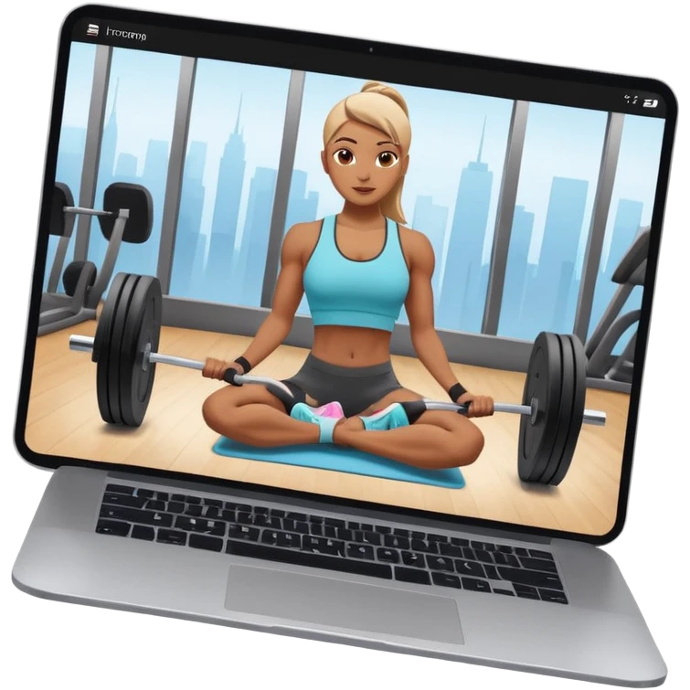 Open laptop on a dark background, showing a fitness trainer inside a modern professional gym on the screen— smooth rounded edges, soft lighting, no text or logos, minimalistic and high-quality rendering. Only the laptop is visible, centered emoji