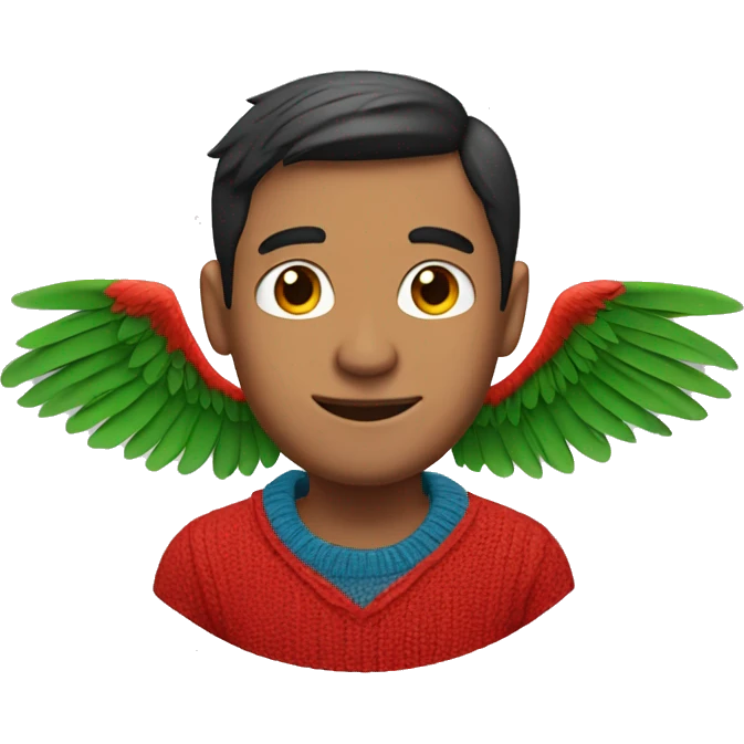 Brunette man with parrot wings coming from his ears, red sweater emoji