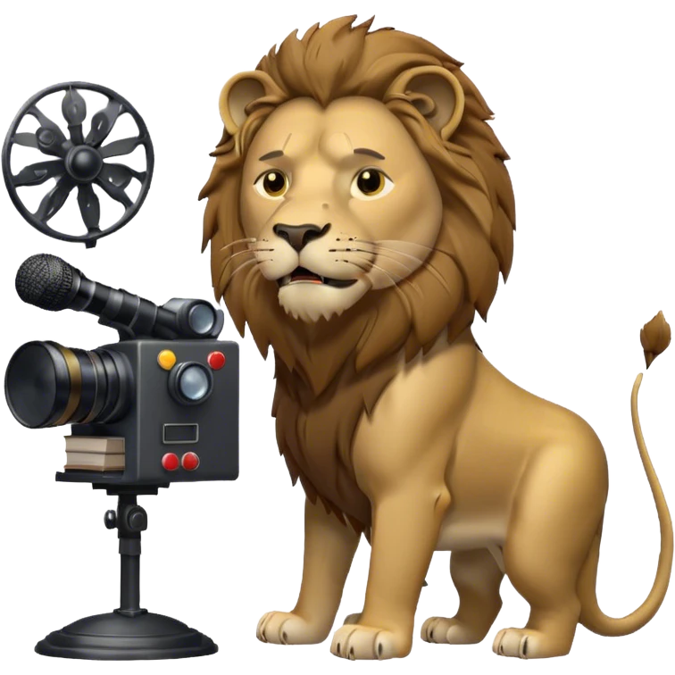 Icon for Documentary TV Show: A TV screen with a microphone, books, historical documents, and scientific symbols. Include a roaring lion or other animal, interview setup with a camera, and a serious-looking news anchor or narrator. Transparent background. emoji