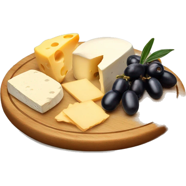 realistic cheese plate on wooden board lots of olives emoji