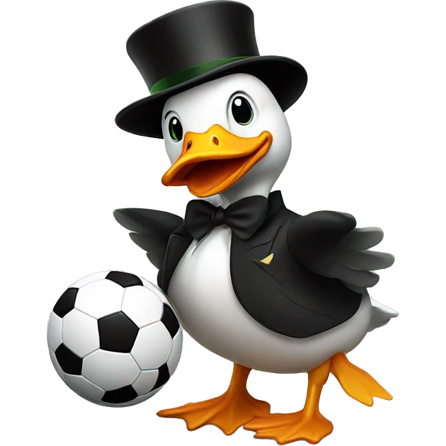 Duck playing soccer wearing a black top hat  emoji