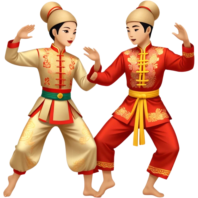 Cinematic Realistic scene of two performers executing a traditional Vietnamese folk dance, adorned in intricately patterned traditional costumes, captured in fluid motion with soft, culturally rich lighting emoji