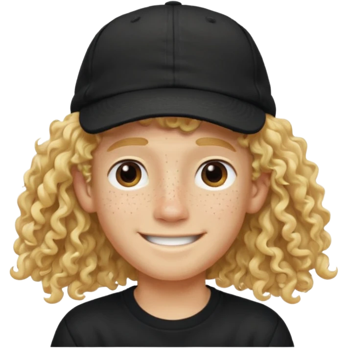 blonde boy with long curly hair past his hears and a LA hat, smiling, wearing a black shirt with freckles emoji